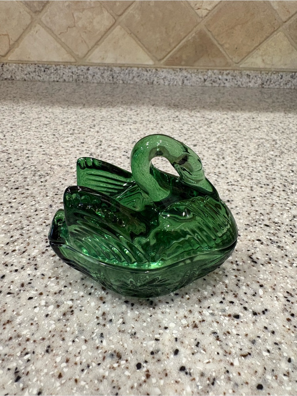 Green pressed glass swan dish